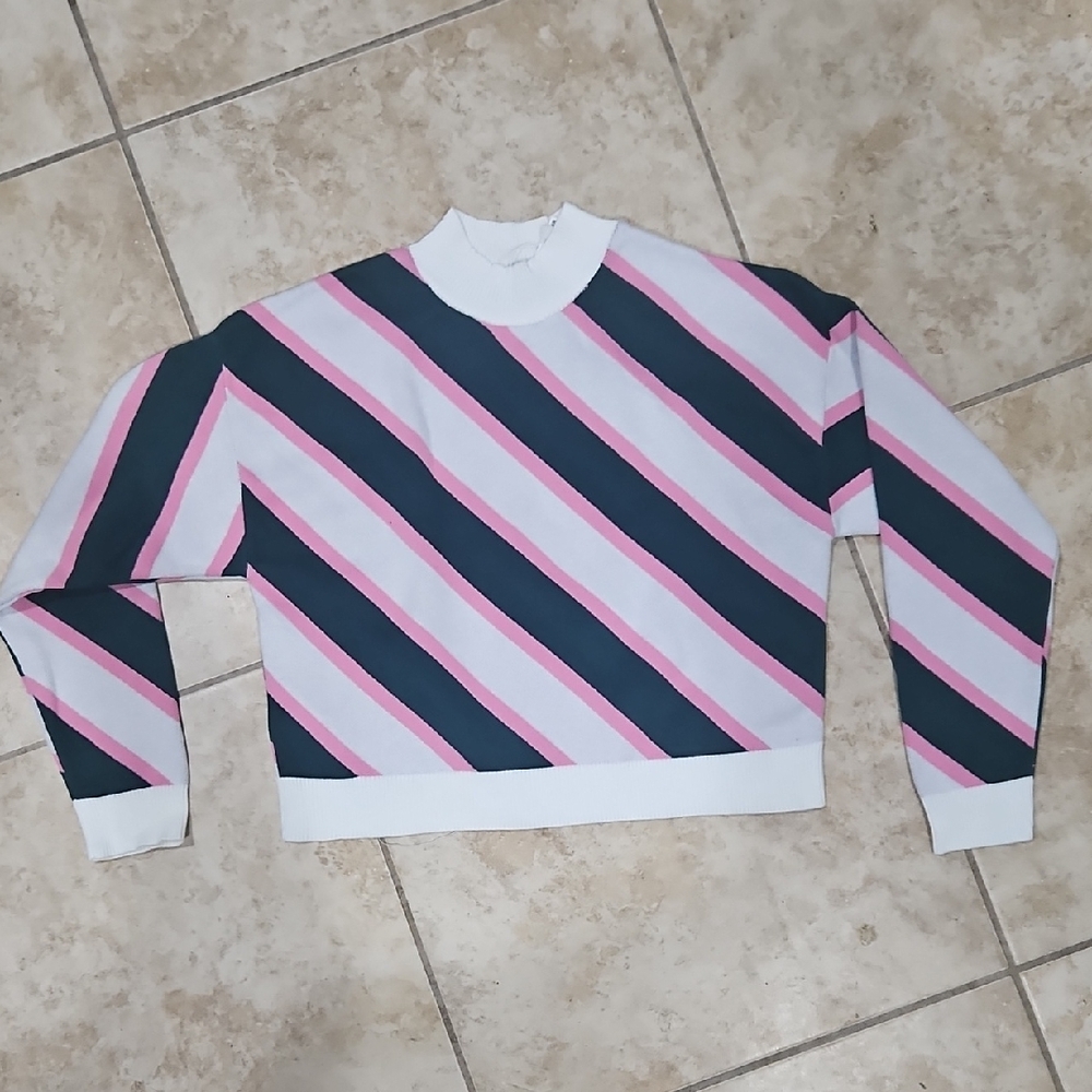 Mango Pink and Green Striped Turtleneck Sweater